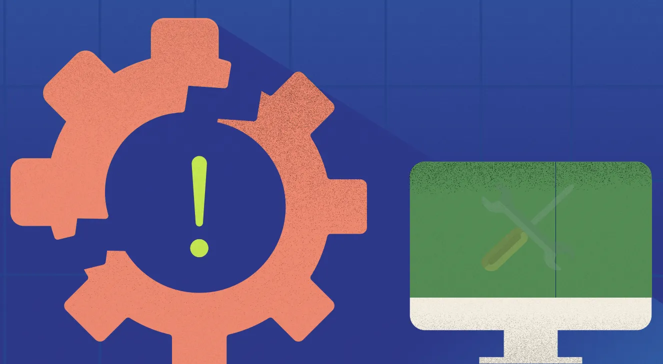 a red gear with an exclamation point in the middle and a green computer with a screwdriver and a wrench forming an X sign