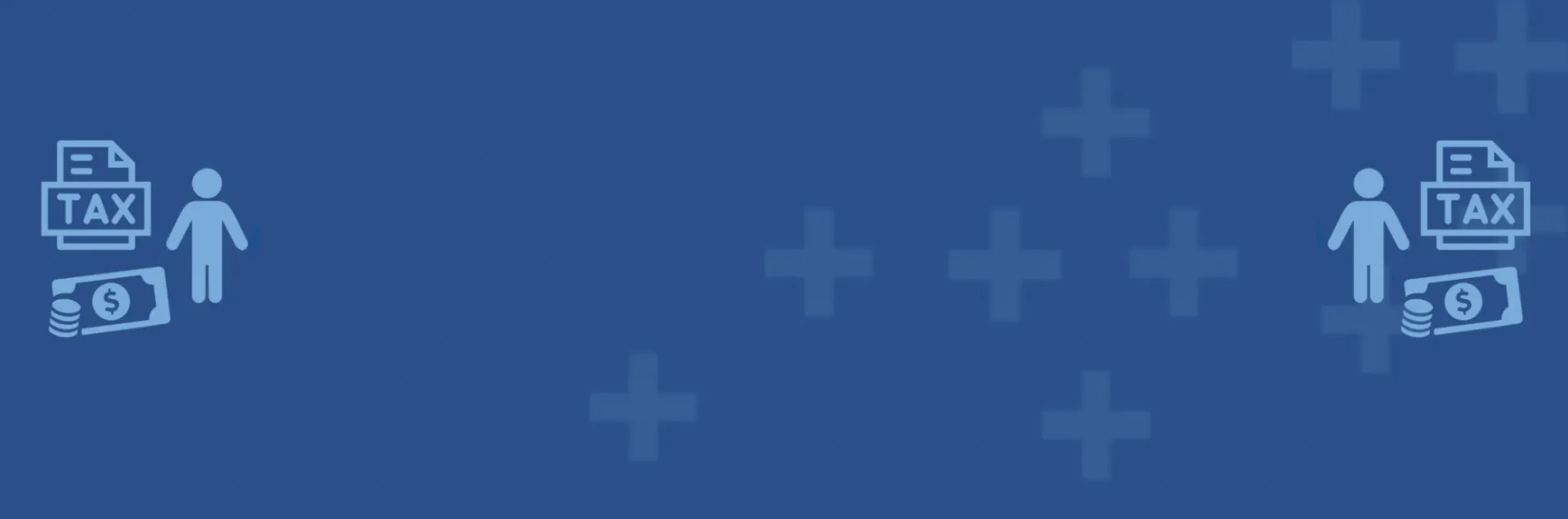 Dark blue graphic with lighter blue sketches of a person, tax document, and dollar bill on left and right of screen