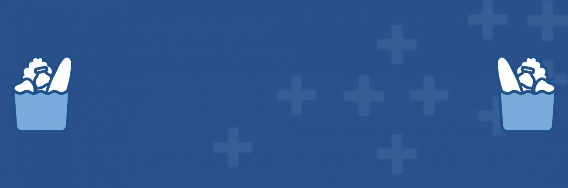 Dark blue graphic with white sketches of a bag of food on left and right of screen