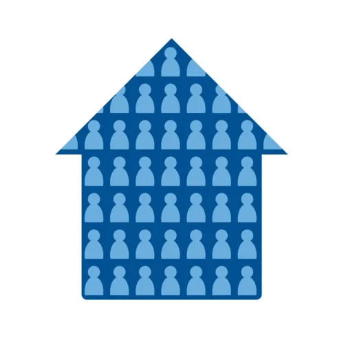 Blue house with people inside