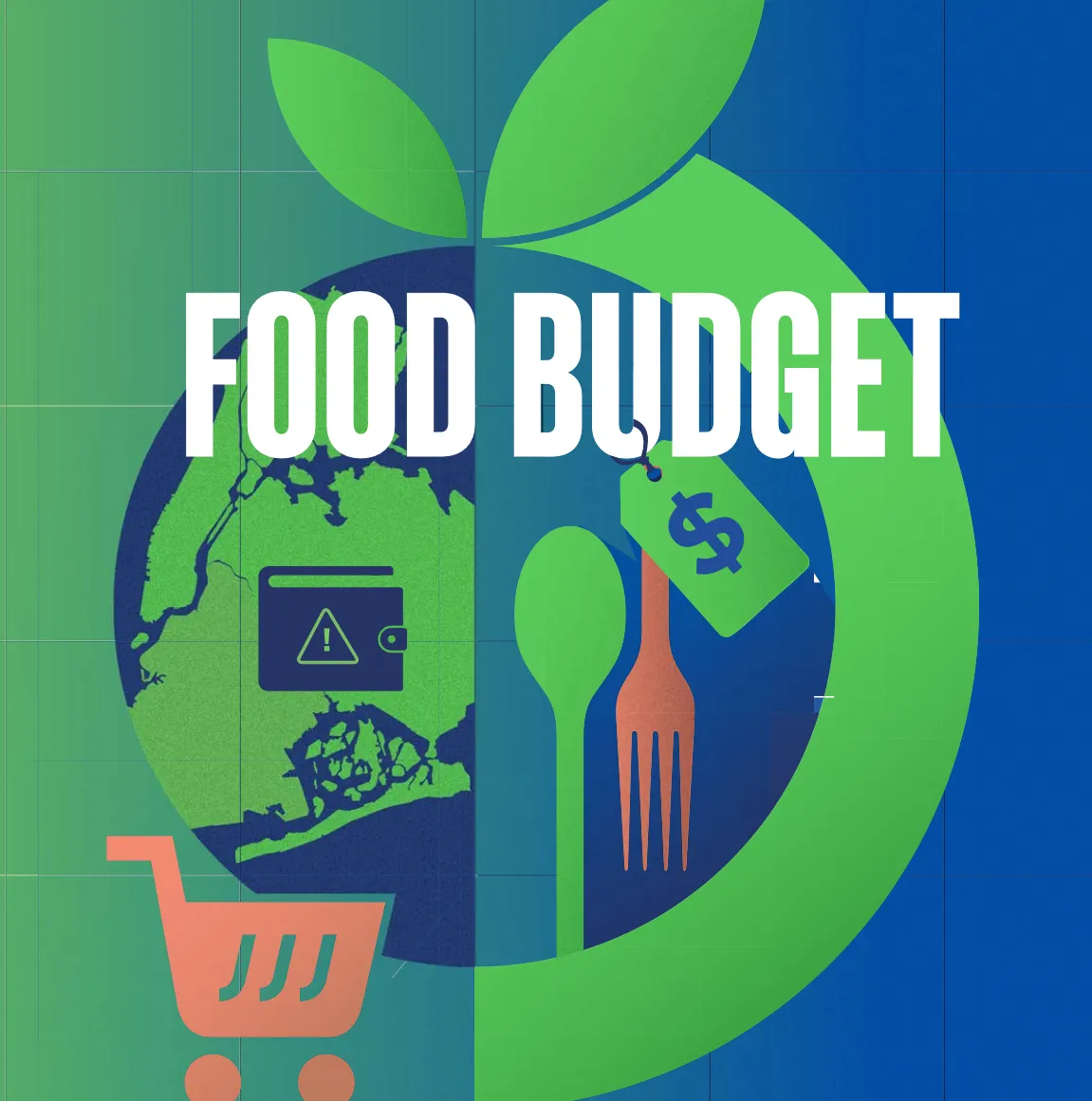 FOOD BUDGET infographic with icons representing money, shopping cart and dining.