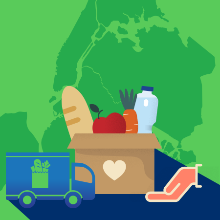 food truck, box of groceries with a helping hand, over the graphic state of New York 